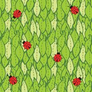Pattern with green leaves and ladybirds
