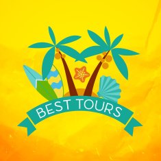 Banner with the inscription best tours palm trees shells and