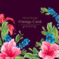 Invitation Vintage Card with Blueberries Pink Tropical Flowers and Leaves