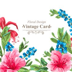 Invitation Vintage Card with Blueberries Pink Tropical Flowers and Leaves N2