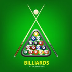 Vector background with billiards balls triangle and two cues