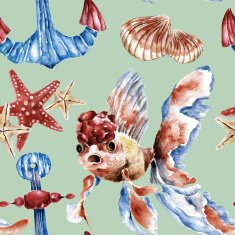 Seamless pattern with gold fish anchor sea shell Watercolor illustration N4