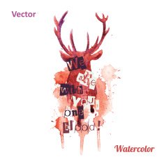 Watercolor deer head with inscriptions Vector on the white background