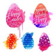 Set of colored eggs with watercolor textures Lettering Happy Easter