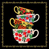 Tea cups in style Khokhloma Vector illustration