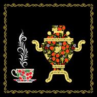 Samovar and tea cup in style Khokhloma Vector illustration