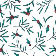 Seamless pattern with red berries twigs and leaves
