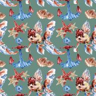 Seamless pattern with gold fish anchor sea shell Watercolor illustration N5