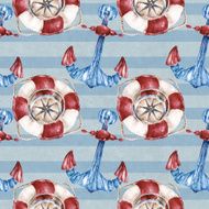 Seamless pattern with lifebuoy anchor and compass Watercolor illustration N9