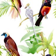 Watercolor seamless pattern with tropical birds and flowers