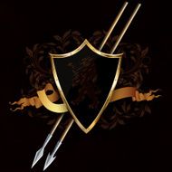 Ancient shield with heraldic lion ribbon and spears