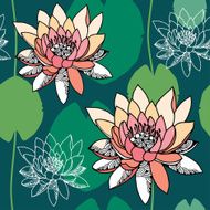 Seamless pattern with water lilies on a dark green background