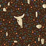 Floral seamless pattern Herbal decorative background with bull skull N2