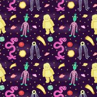 Seamless vector space pattern with funny cartoon aliens and monsters