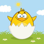 Cute Chick Showing From Egg Shell With Background