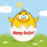Cute Chick Showing From Egg Shell And Text