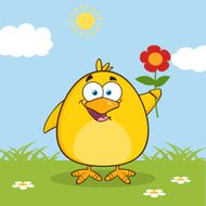 Cute Chick Holding A Flower With Background