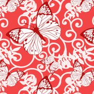 pink vector seamless background with swirls and butterflies