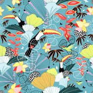 Tropical texture with toucans and hummingbirds