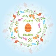 blue background with floral frame and egg - happy easter