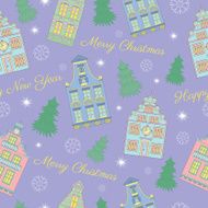 Seamless Christmas background with houses and conifers