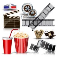 set of objects for cinematography clapper film tape 3d glasses