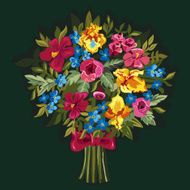 Bouquet of pink peonies and roses yellow irises blue Forget