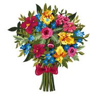 Bouquet of pink peonies and roses yellow irises blue Forget N2