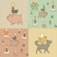 Set of 4 Easter seamless texture with farm animals and