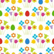 Easter seamless pattern with eggs and flowers