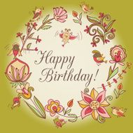 happy birthday greeting card circle floral frame N7