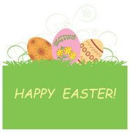 vector green background with Easter eggs - Happy