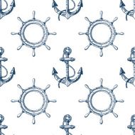 Seamless pattern with hand drawn anchors and steering wheels N2