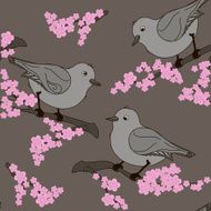 Birds sitting on a flowering branch Seamless pattern