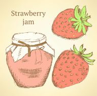 Sketch strawberries and jar in vintage style