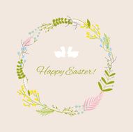 Happy Easter greeting card with flowers eggs and rabbit elements