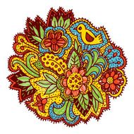 Doodle flowers and birds Brown yellow blue green bright ornament N2