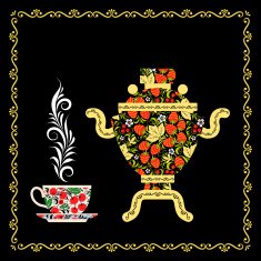 Samovar and tea cup in style Khokhloma Vector illustration