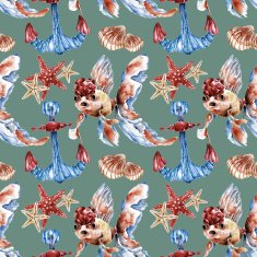 Seamless pattern with gold fish anchor sea shell Watercolor illustration N5