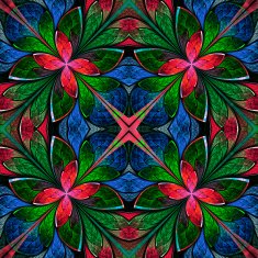 Multicolored symmetrical fractal pattern in stained-glass window style