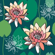 Seamless pattern with water lilies on a dark green background