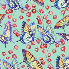 Vector Watercolor Swallowtail Butterflies on the Branches of Physalis N2