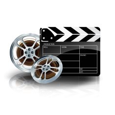 video film tape with cinema clapper and filmstrip on blue