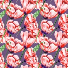Poppy watercolor pattern on purple background