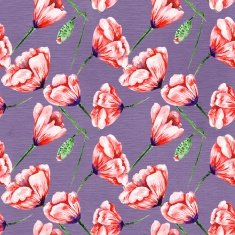 Poppy watercolor pattern on purple background N2