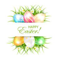 Easter eggs with grass and banner