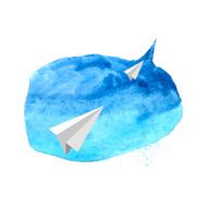 Watercolor design element blue spot with a paper airplane&Acirc;Â