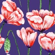 Blue pattern with watercolor poppies