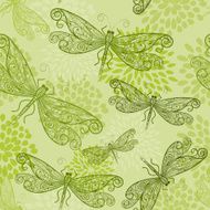 vector seamless pattern with flying green dragonflies and flowers
