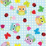 Seamless background with spring elements - owls butterfly and flowers